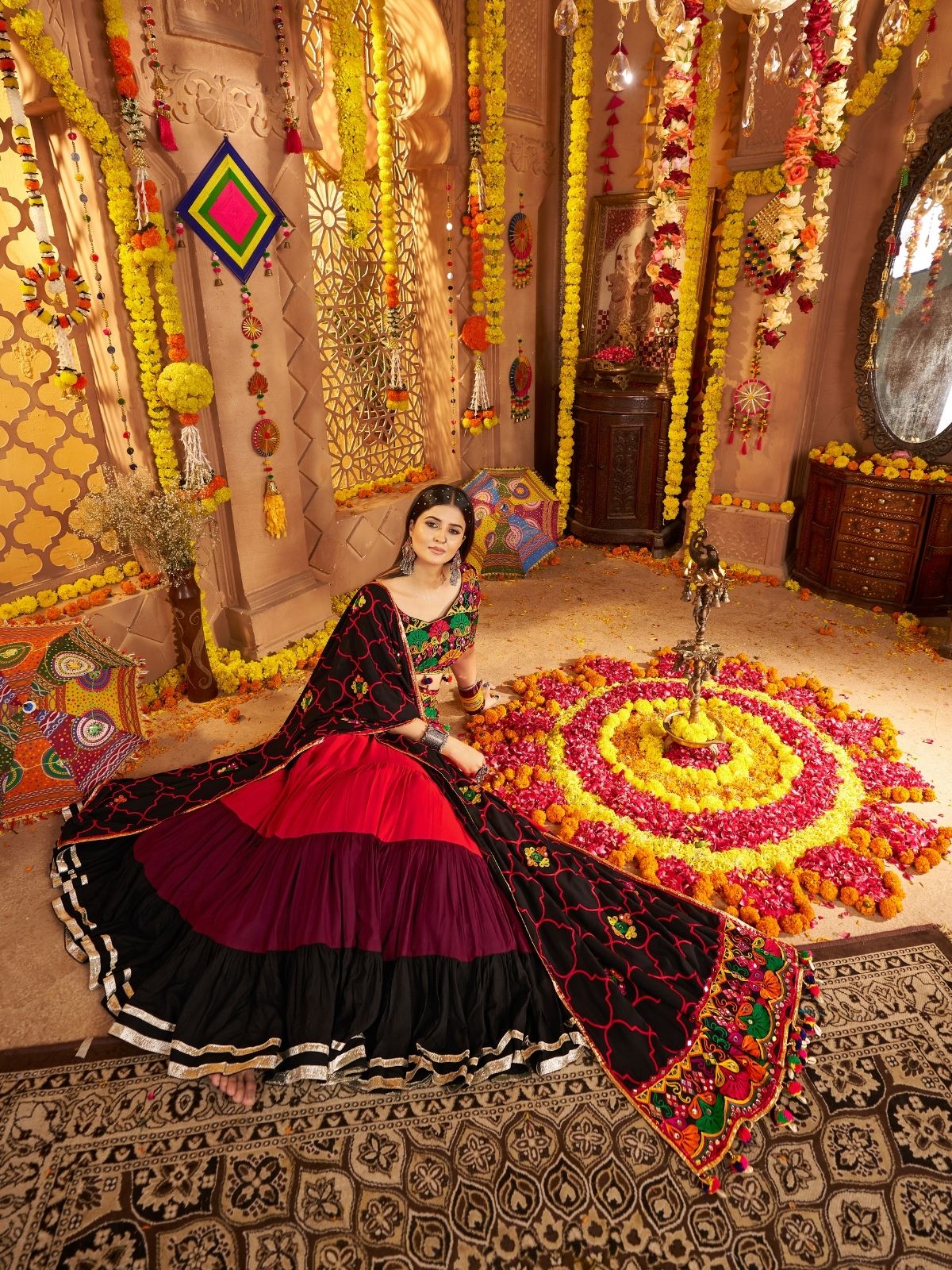 Odette Multicolor Viscose Cotton Embroidered Semi-Stitched lehenga With Stunning Tassels And Embroidered Waist Belt For Women - Image 4