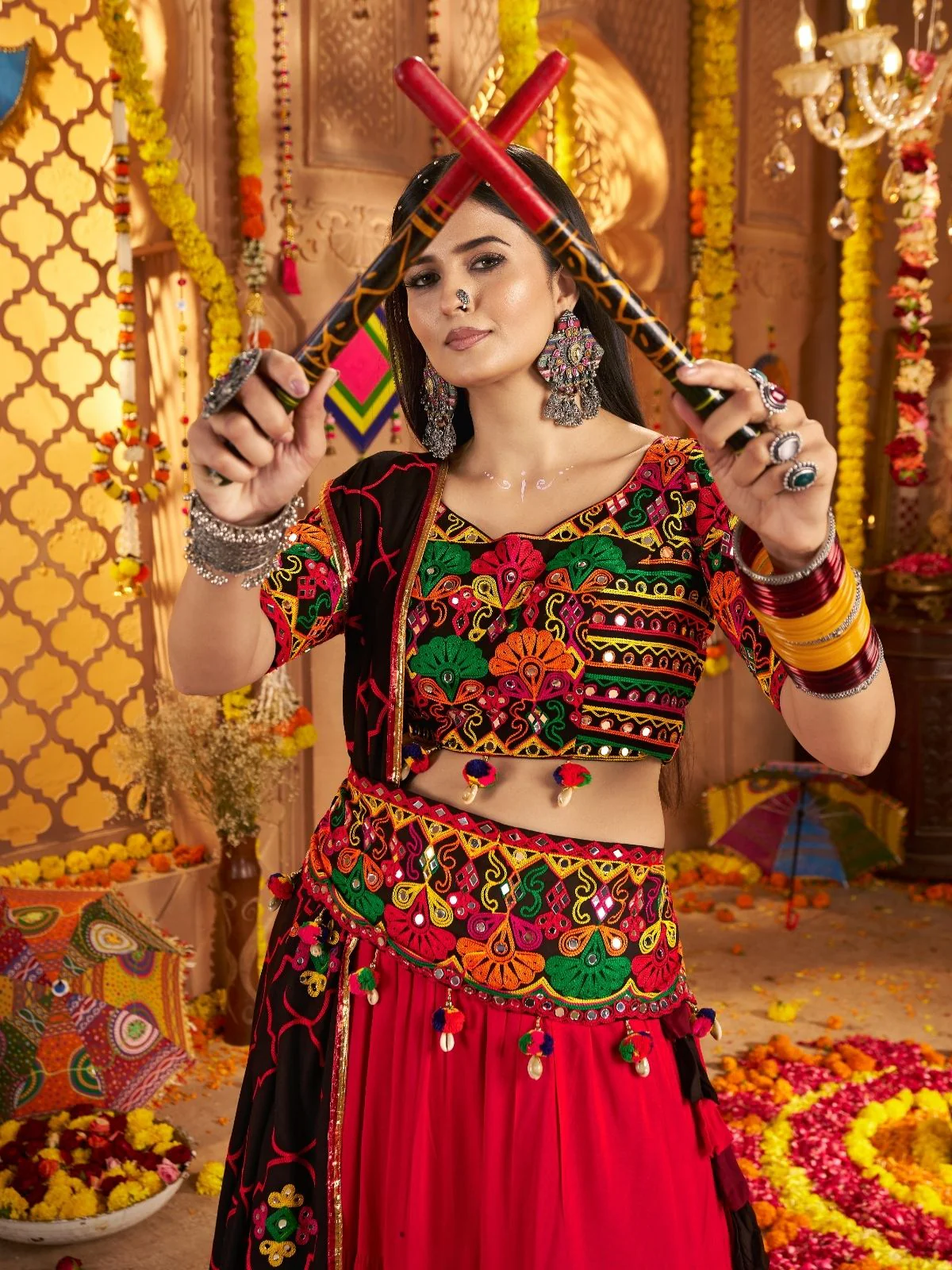 Odette Multicolor Viscose Cotton Embroidered Semi-Stitched lehenga With Stunning Tassels And Embroidered Waist Belt For Women - Image 5