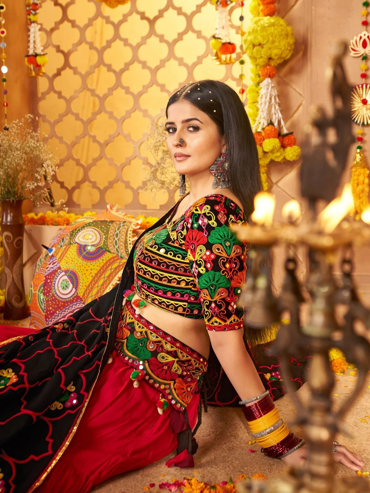 Odette Multicolor Viscose Cotton Embroidered Semi-Stitched lehenga With Stunning Tassels And Embroidered Waist Belt For Women - Image 6