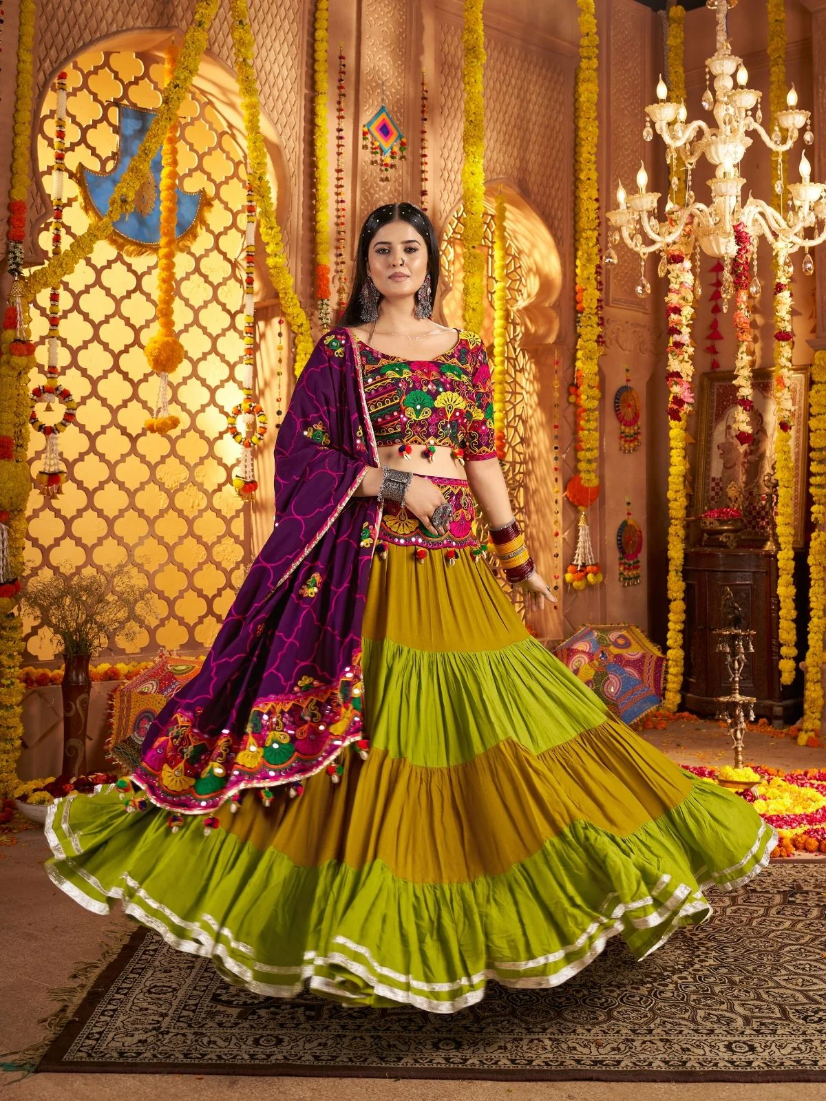 Odette Multicolor Viscose Cotton Embroidered Semi-Stitched lehenga With Stunning Tassels And Embroidered Waist Belt For Women - Image 2