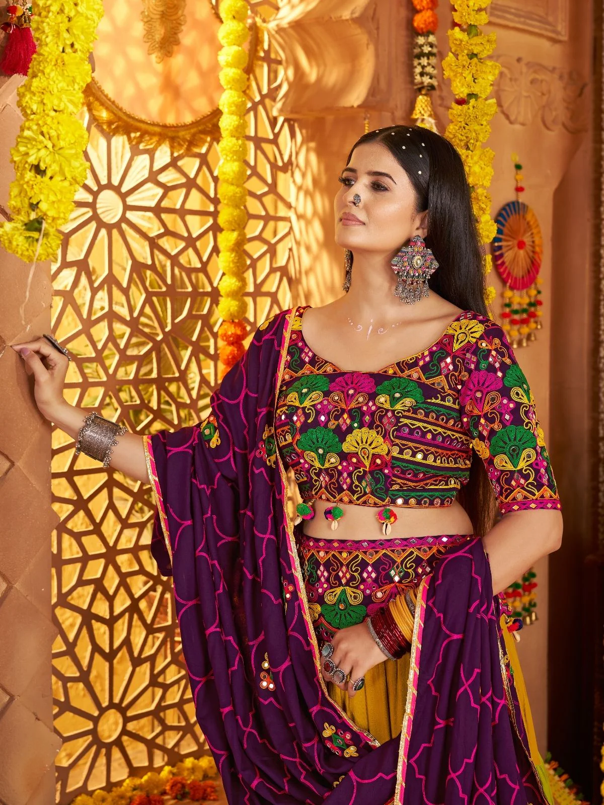 Odette Multicolor Viscose Cotton Embroidered Semi-Stitched lehenga With Stunning Tassels And Embroidered Waist Belt For Women - Image 4