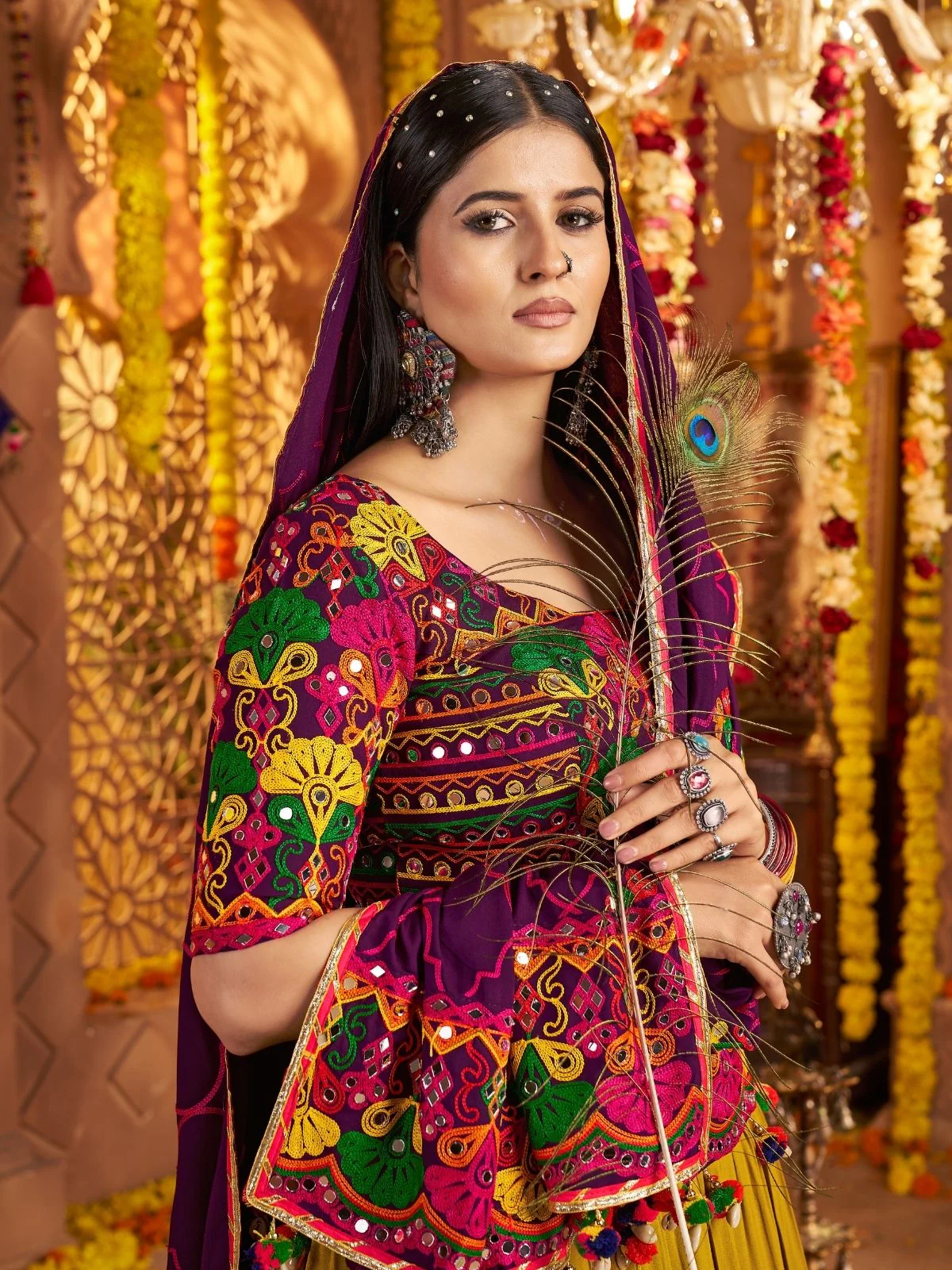 Odette Multicolor Viscose Cotton Embroidered Semi-Stitched lehenga With Stunning Tassels And Embroidered Waist Belt For Women - Image 6