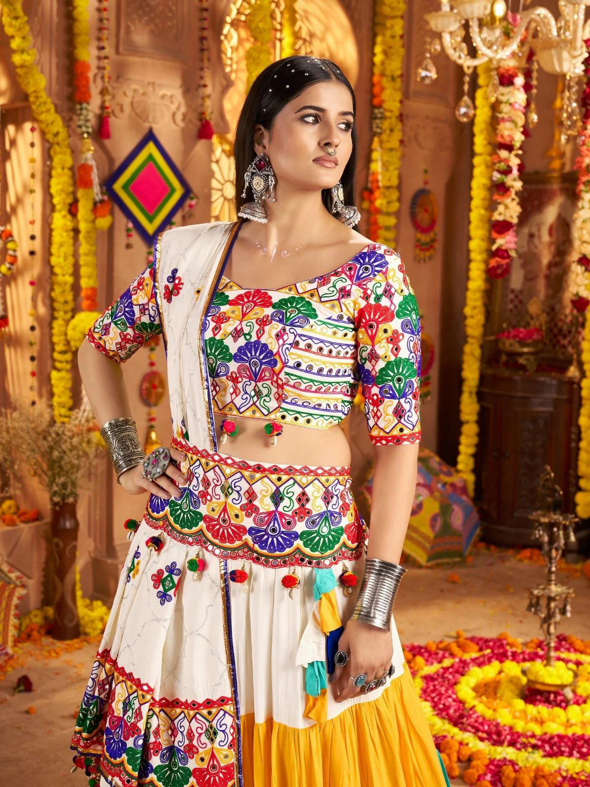 Odette Multicolor Viscose Cotton Embroidered Semi-Stitched lehenga With Stunning Tassels And Embroidered Waist Belt For Women - Image 5