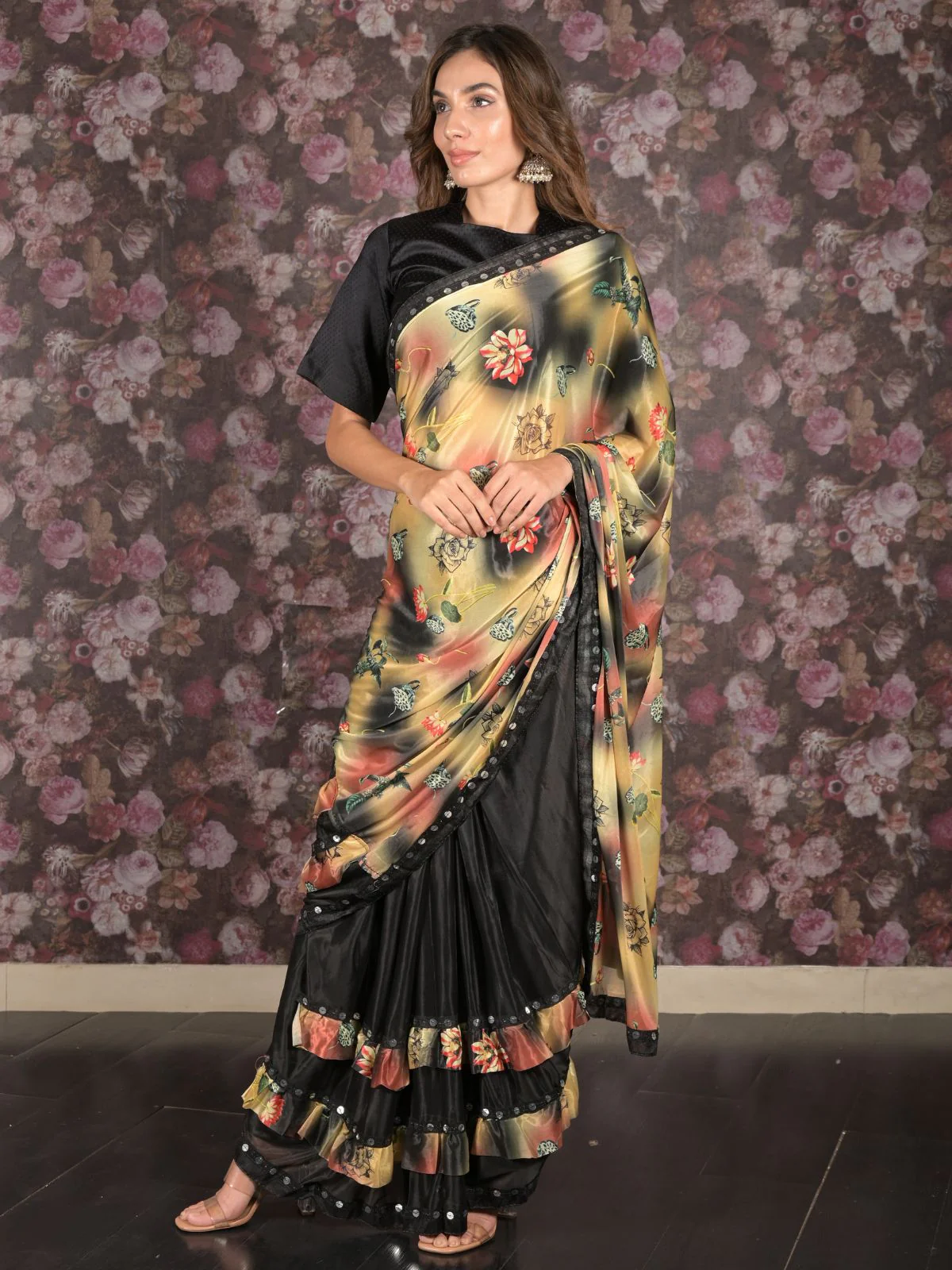 Odette Multicolored Embellished Lycra Saree Without Blouse For Women - Image 2