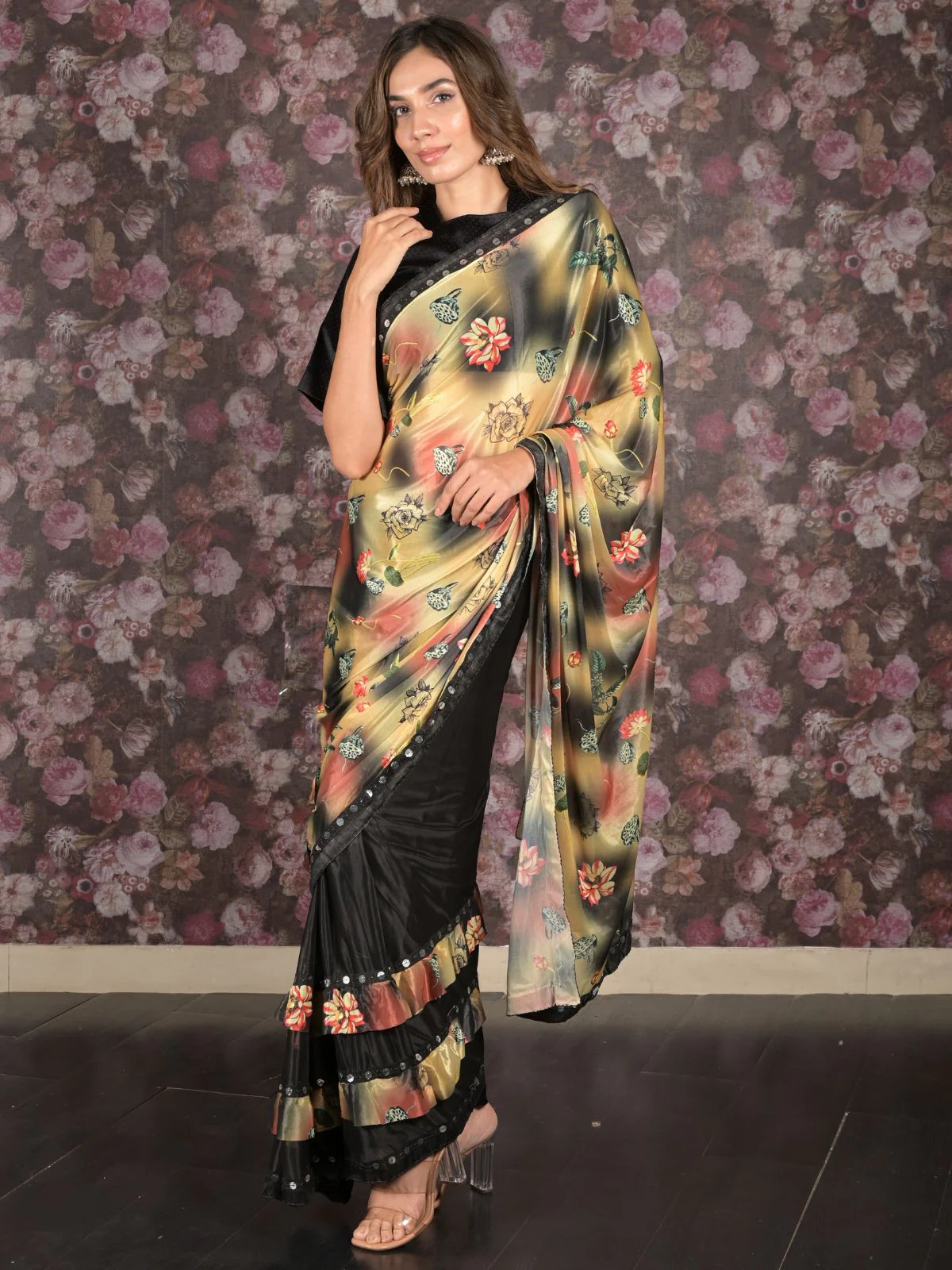 Odette Multicolored Embellished Lycra Saree Without Blouse For Women - Image 3