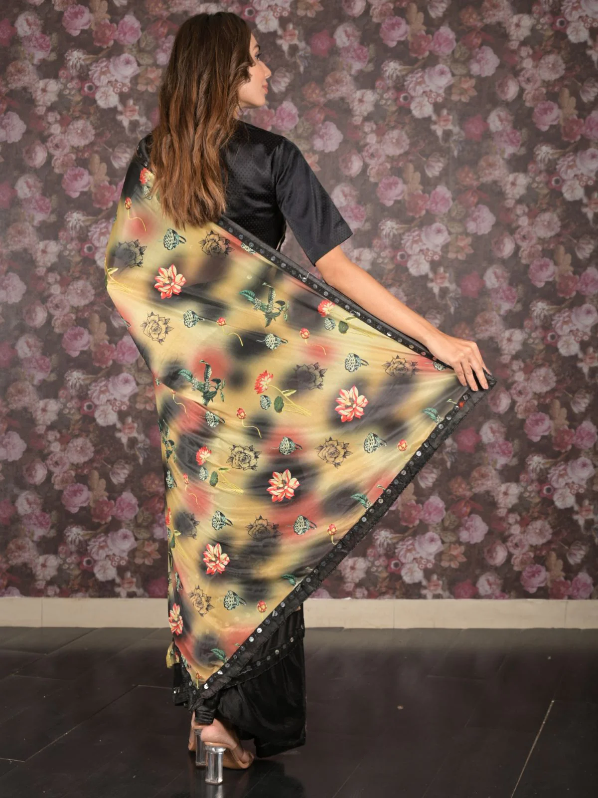 Odette Multicolored Embellished Lycra Saree Without Blouse For Women - Image 4