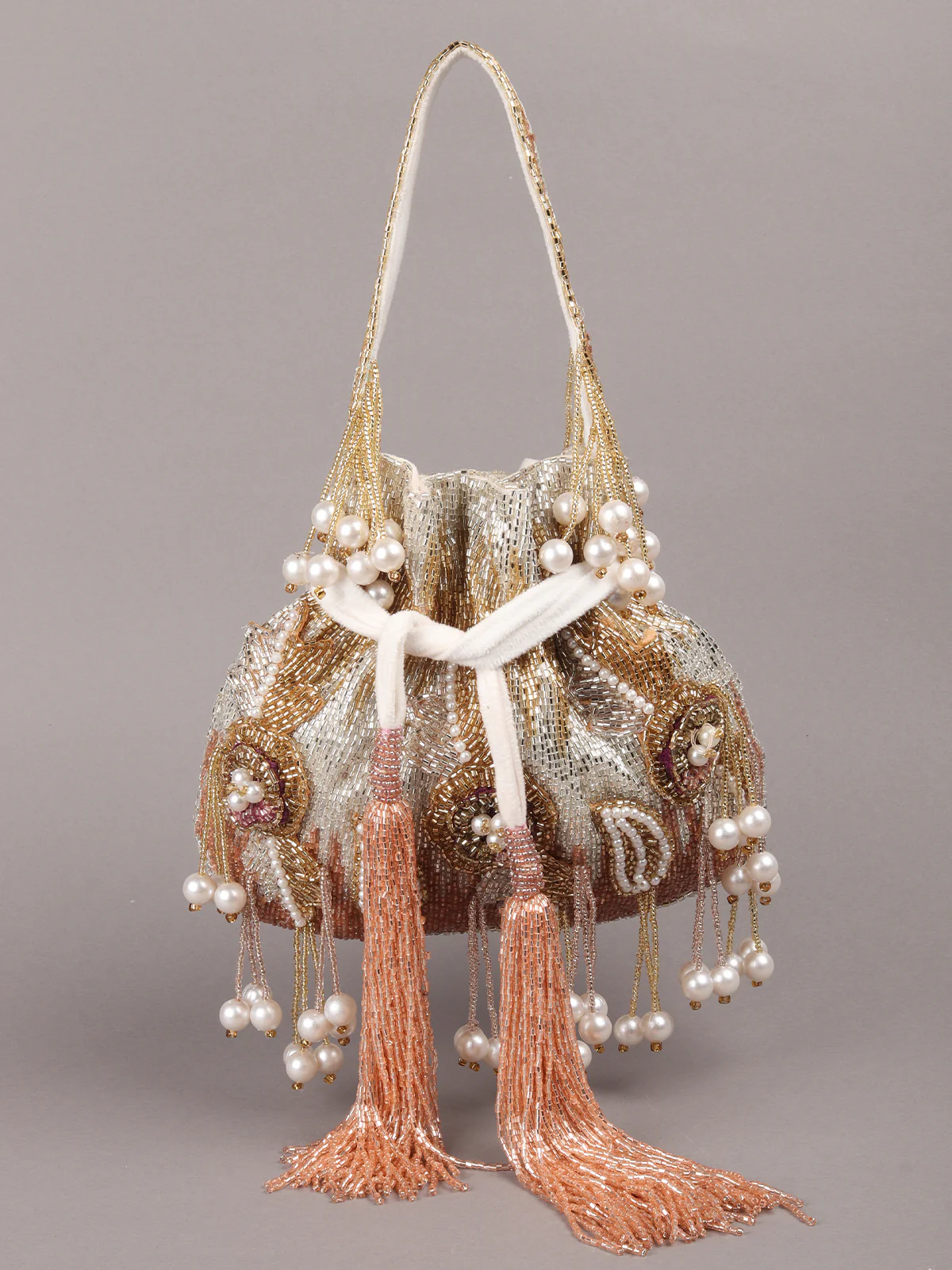 Odette Multicolor Embroidered Potli Bag with Tassels For Women - Image 3
