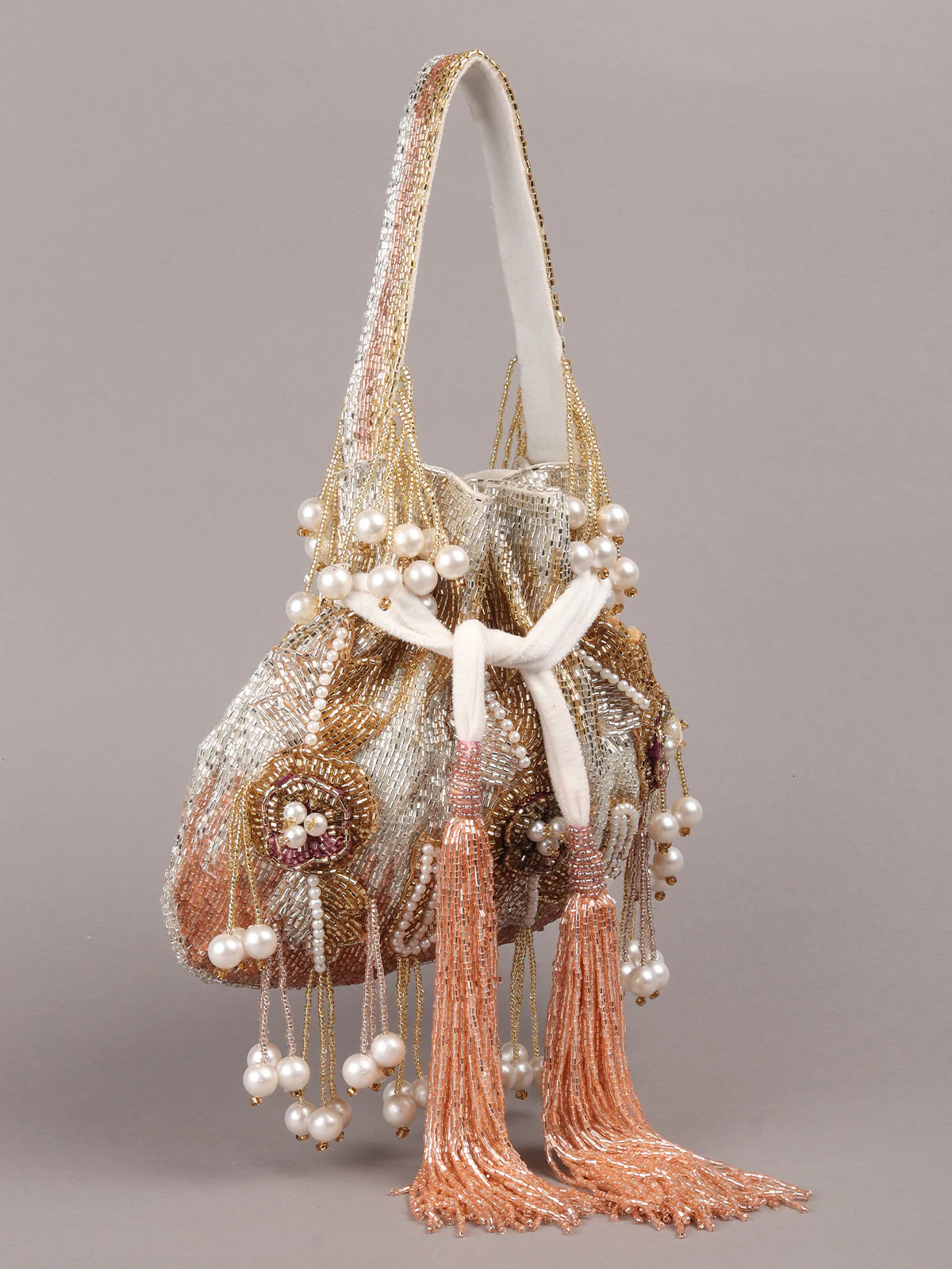 Odette Multicolor Embroidered Potli Bag with Tassels For Women - Image 4