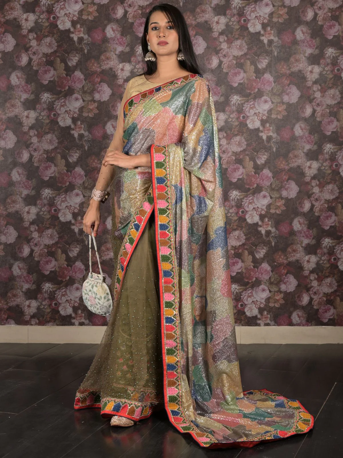 Odette Multicolored Sequins Embellished Heavy Net Saree With Unstitched Blouse For Women - Image 2