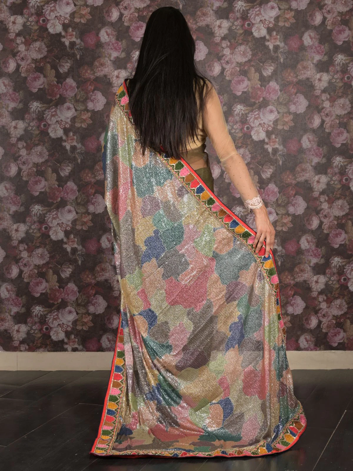 Odette Multicolored Sequins Embellished Heavy Net Saree With Unstitched Blouse For Women - Image 4