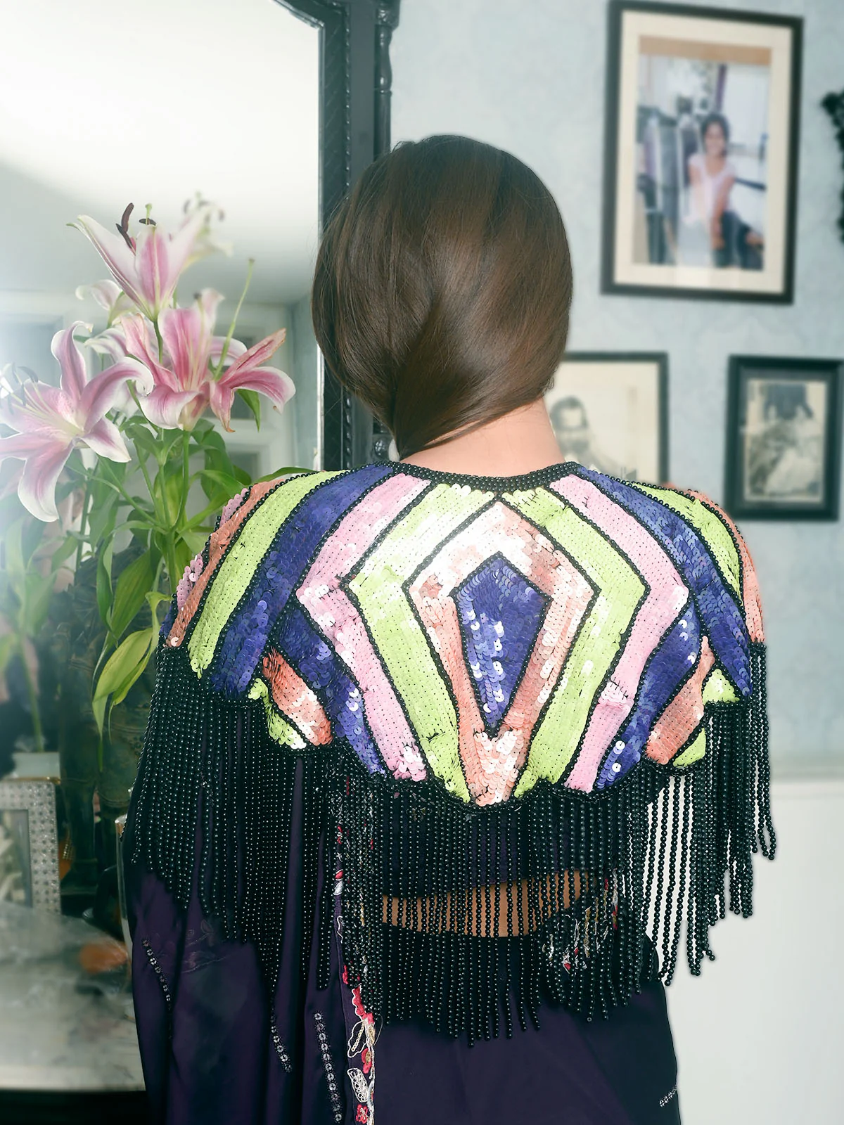 Odette Multicolored Sequins Embroidered Net Cape For Women - Image 4