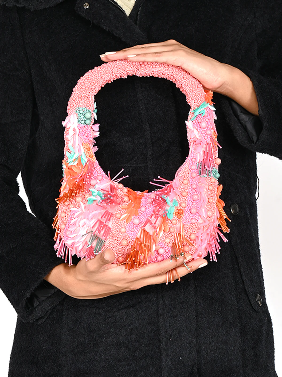 Odette Multicolor Tasseled Moon Clutch For Women - Image 2