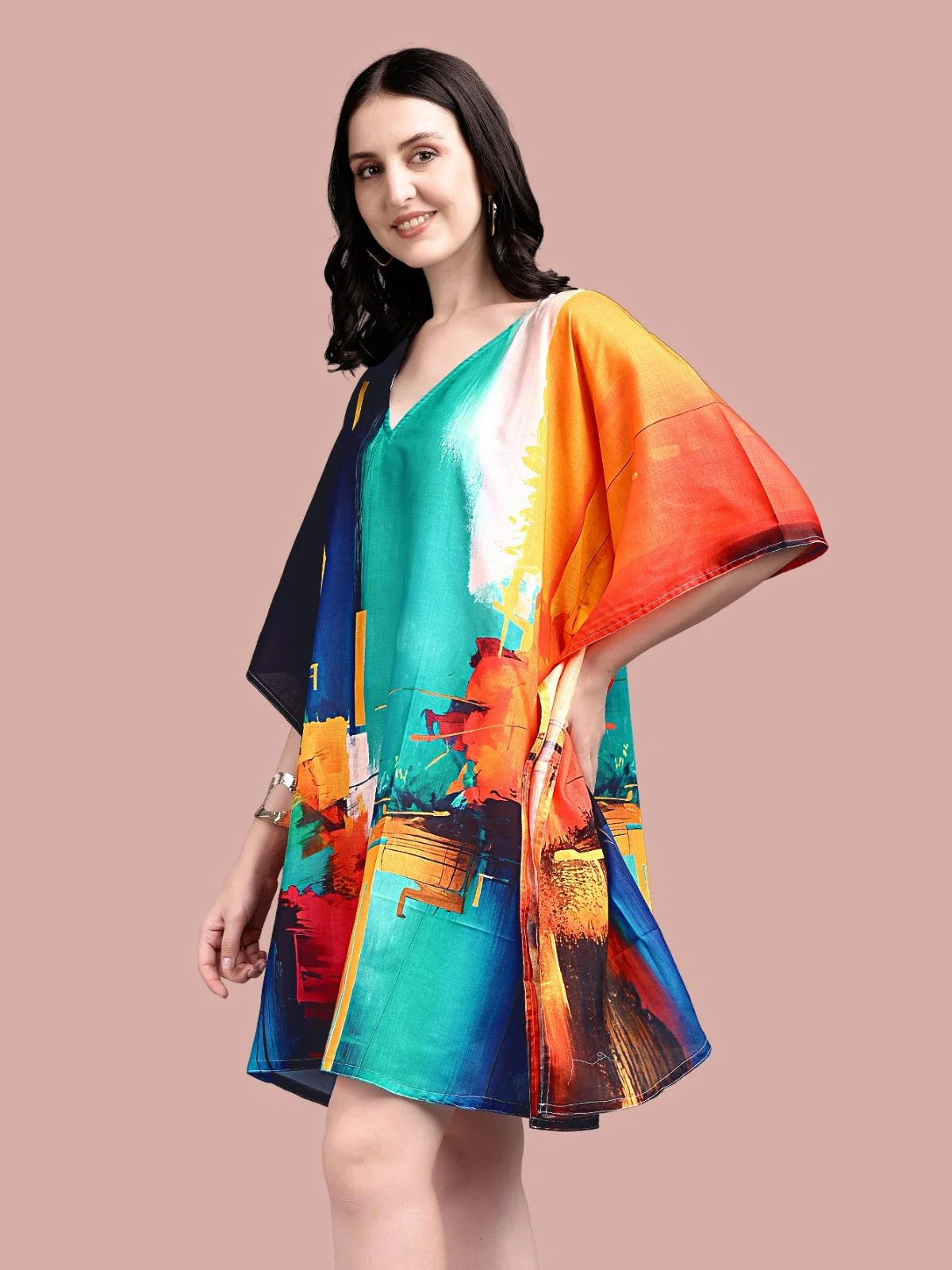 Odette Multicolour Cotton Blend Printed Kaftan For Women - Image 4