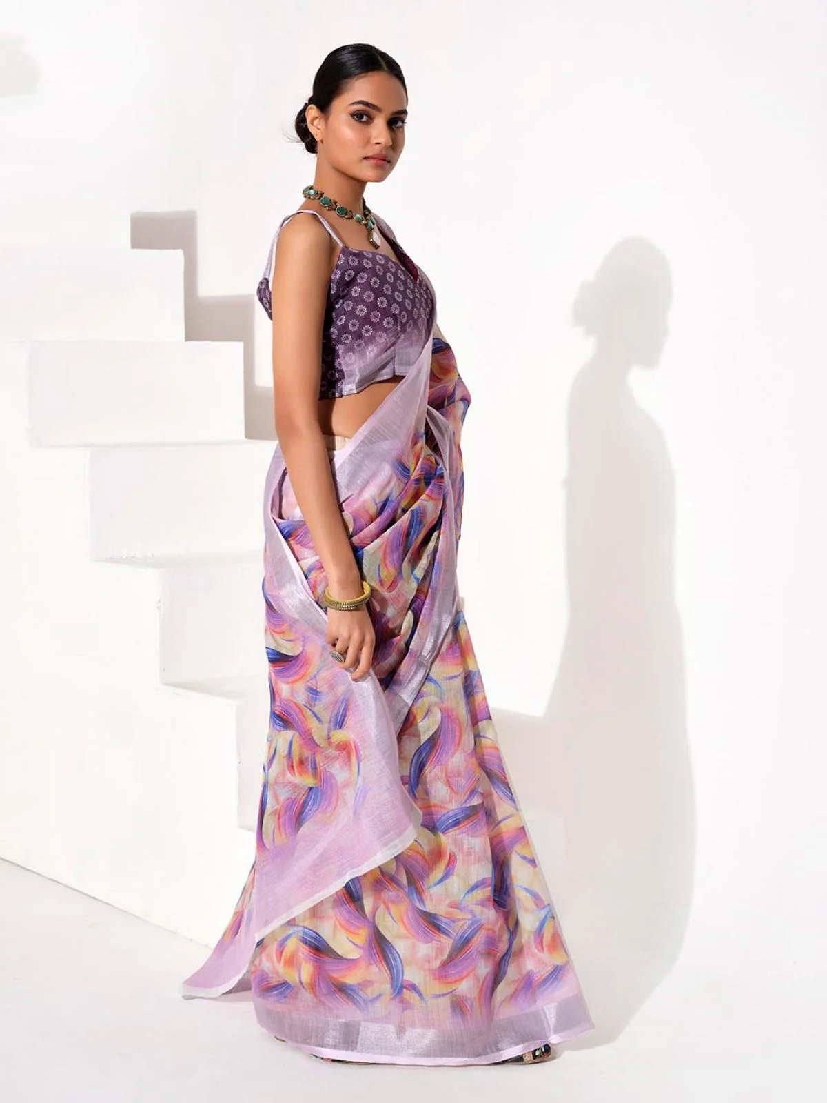 Odette Multicolour Cotton Linen Solid Printed Saree For Women - Image 3