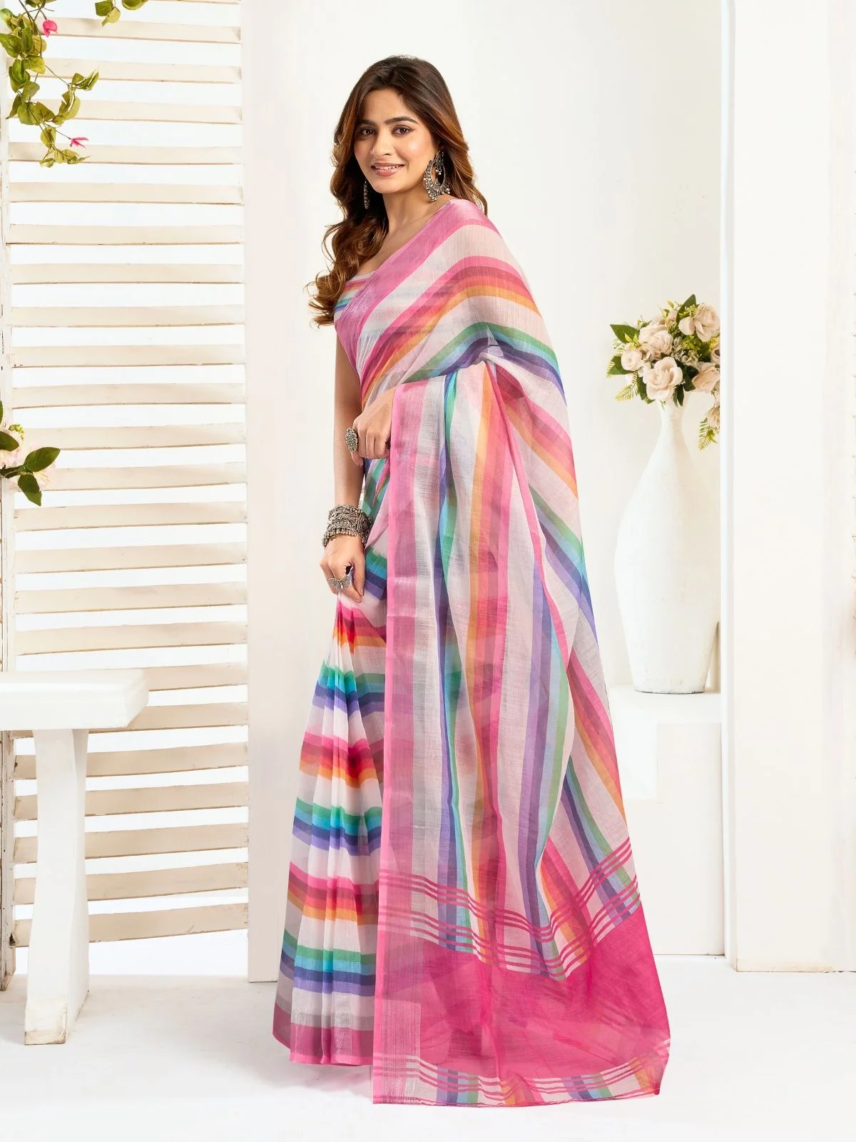 Odette Multicolour Cotton Linen Zari Work Saree For Women - Image 2
