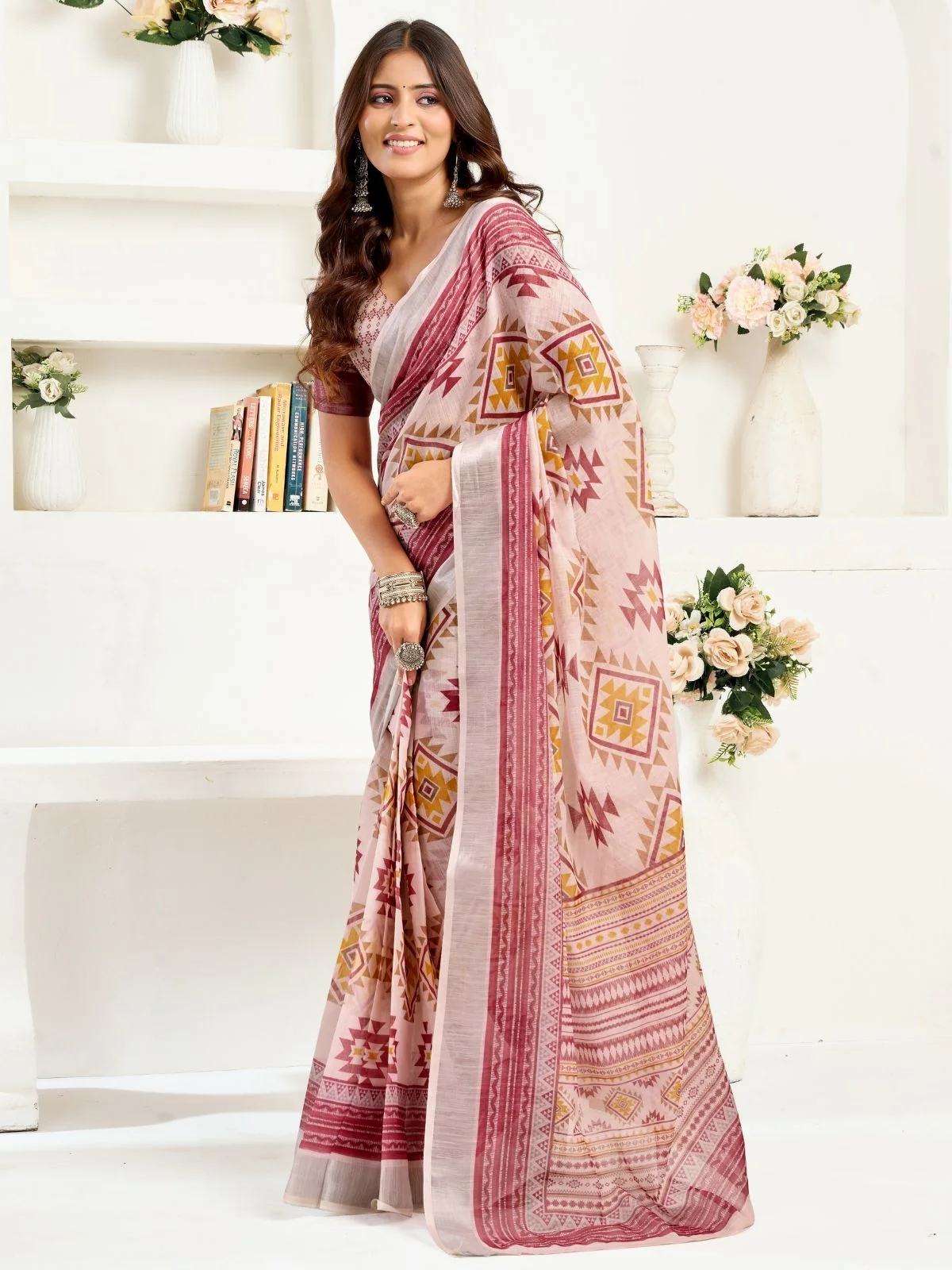 Odette Multicolour Cotton Linen Zari Work Saree For Women - Image 2