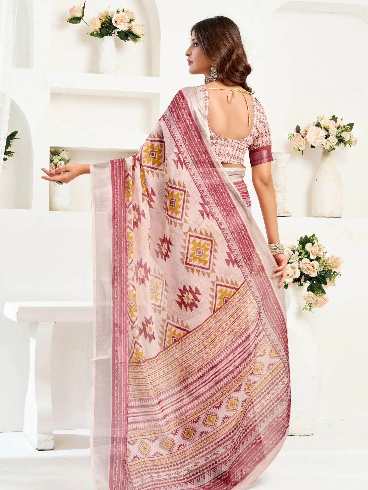 Odette Multicolour Cotton Linen Zari Work Saree For Women - Image 3