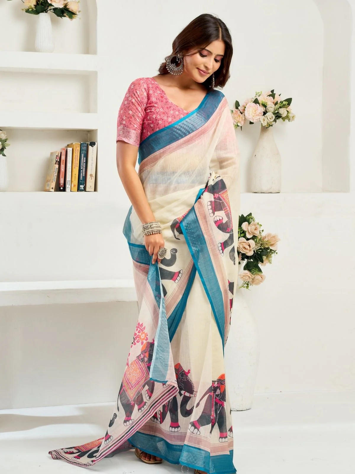Odette Multicolour Cotton Linen Zari Work Saree For Women - Image 3