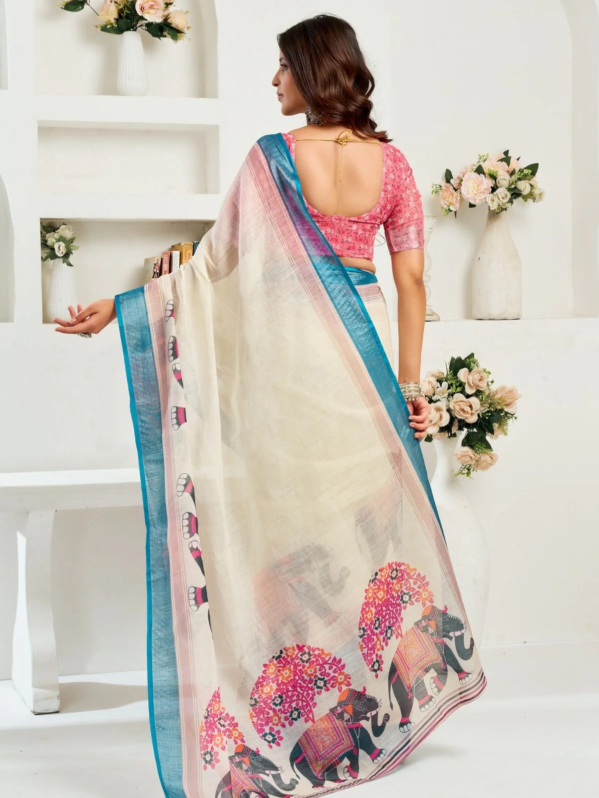 Odette Multicolour Cotton Linen Zari Work Saree For Women - Image 4