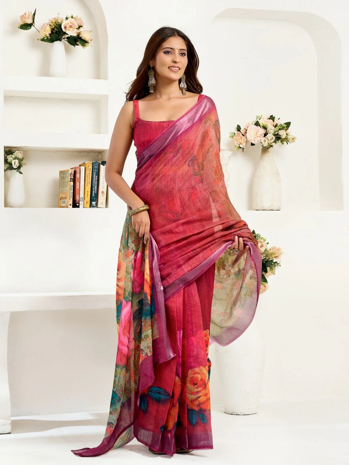 Odette Multicolour Cotton Linen Zari Work Saree For Women - Image 3