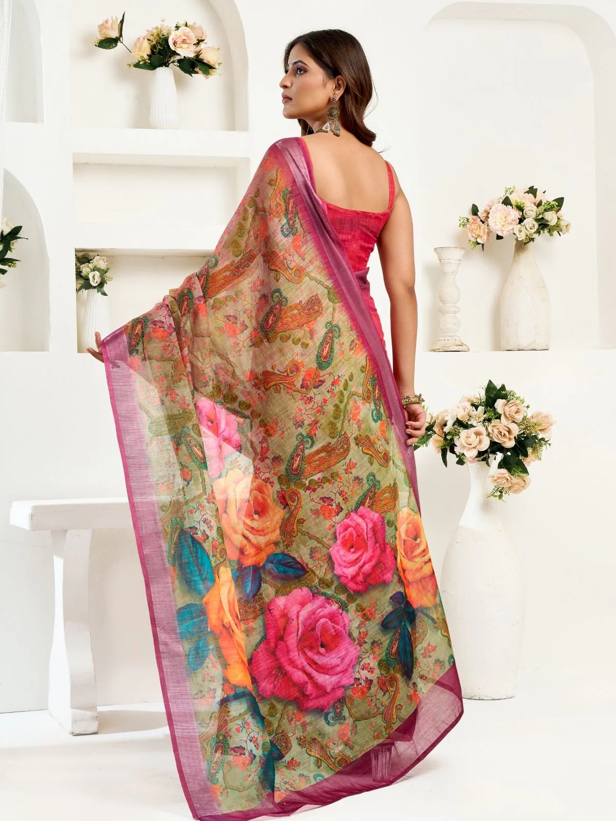Odette Multicolour Cotton Linen Zari Work Saree For Women - Image 4