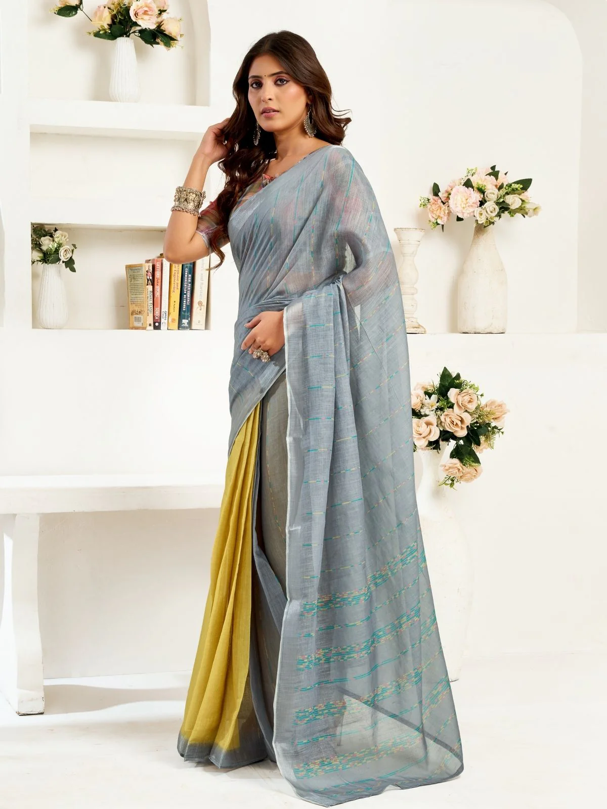 Odette Multicolour Cotton Linen Zari Work Saree For Women - Image 2