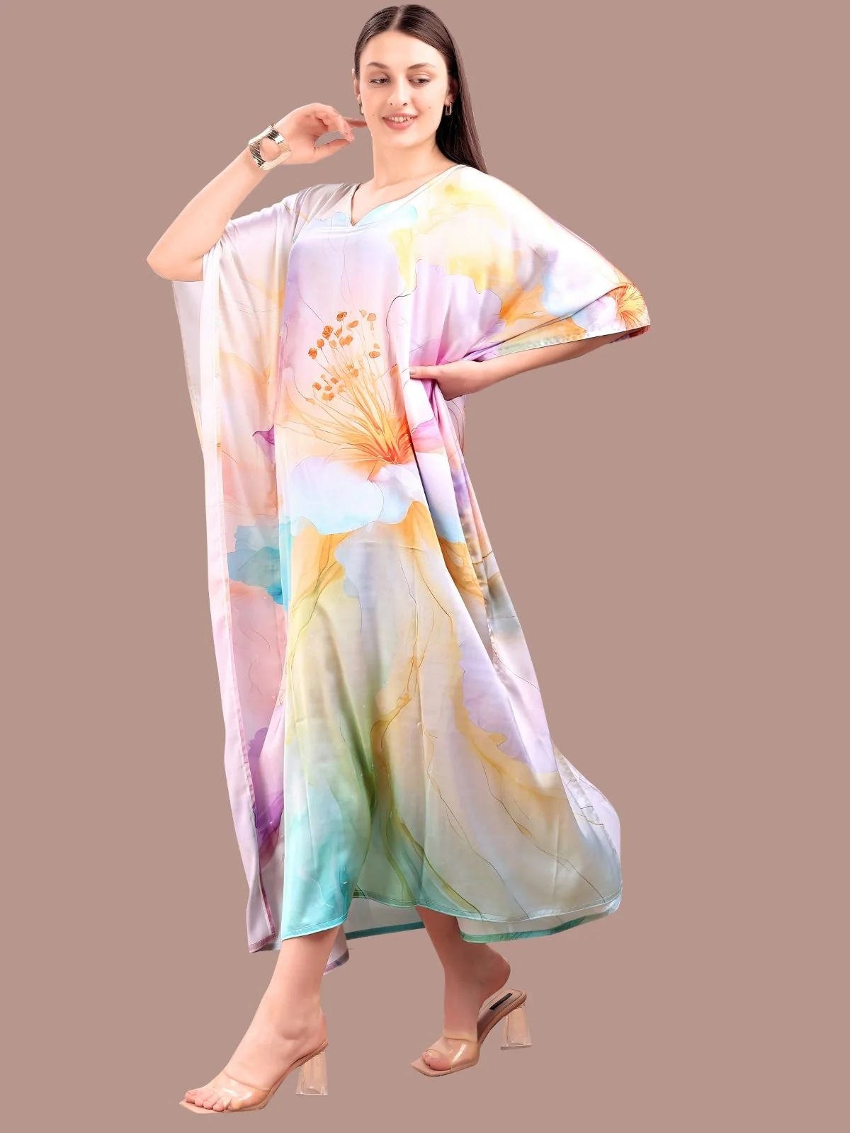 Odette Multicolor Satin Printed Kaftan For Women - Image 2
