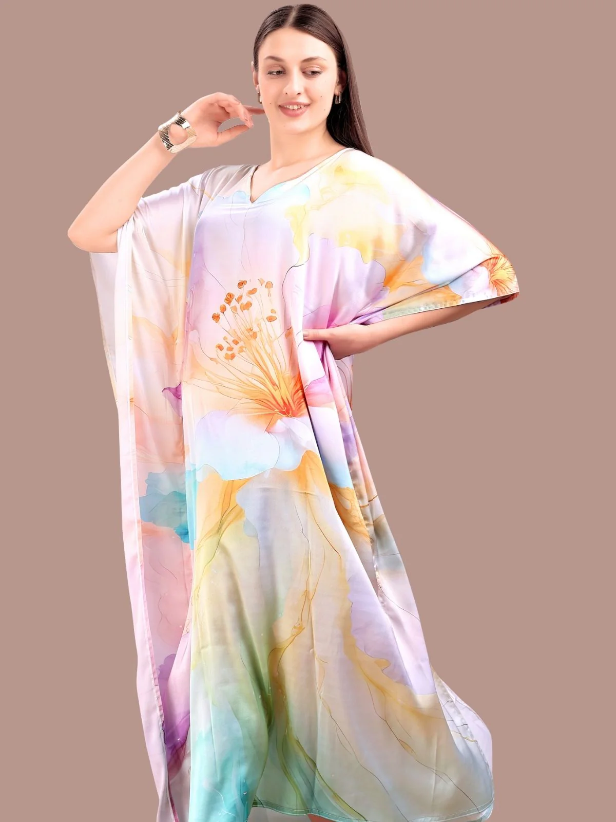 Odette Multicolor Satin Printed Kaftan For Women - Image 4