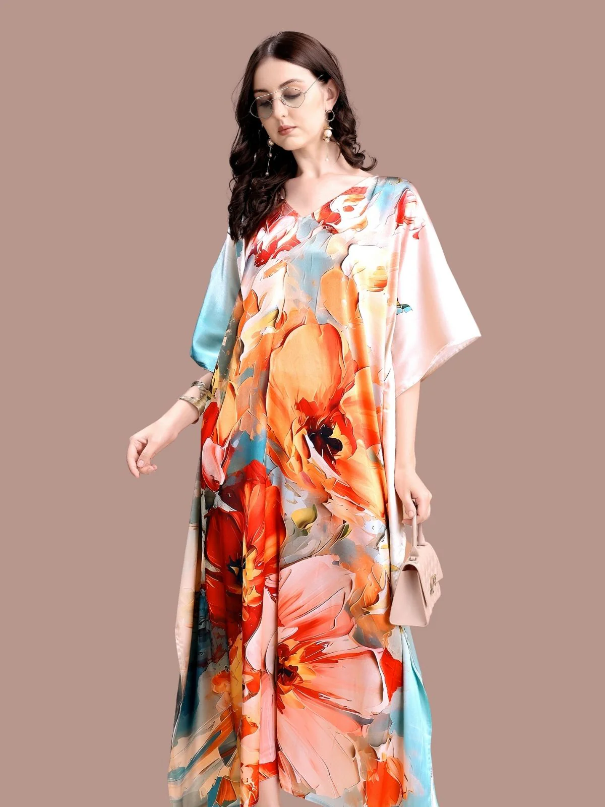 Odette Multicolor Satin Printed Kaftan For Women - Image 4
