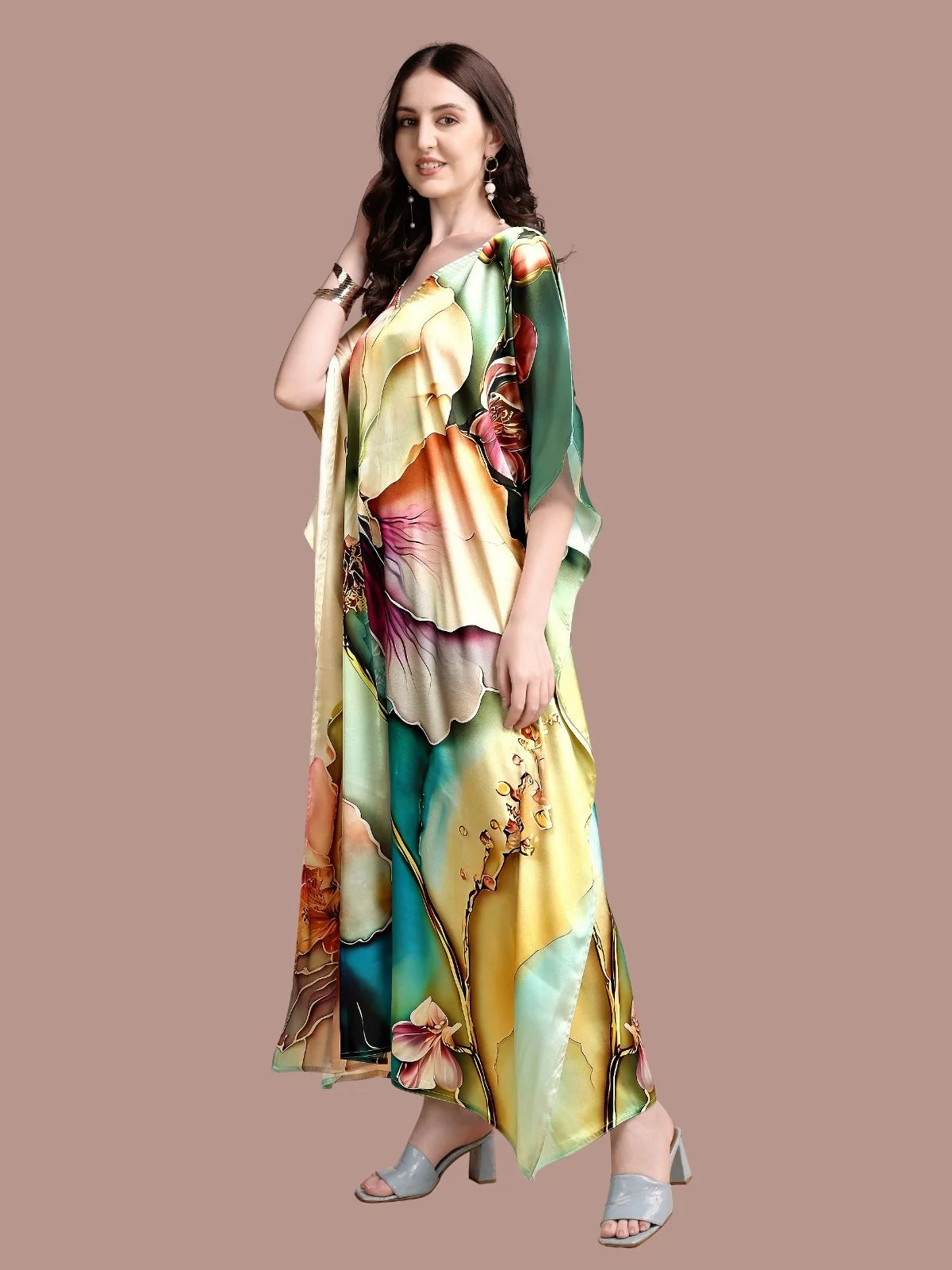 Odette Multicolor Satin Printed Kaftan For Women - Image 2