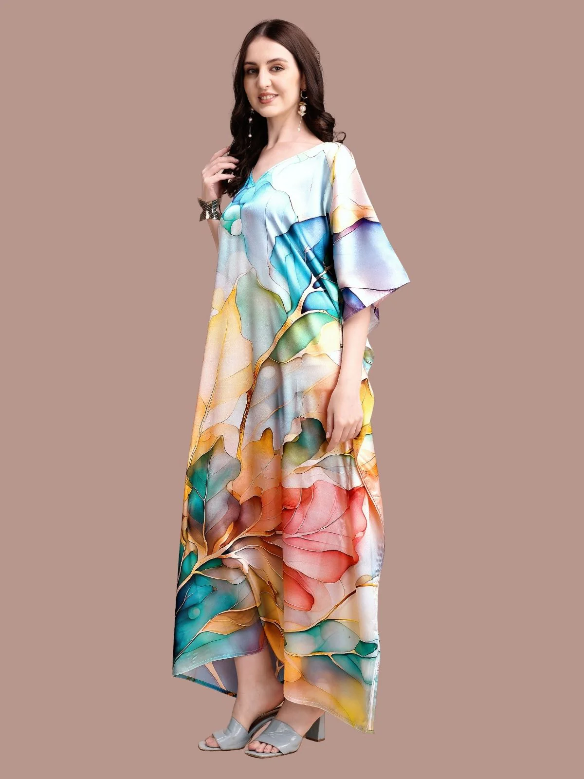 Odette Multicolor Satin Printed Kaftan For Women - Image 2
