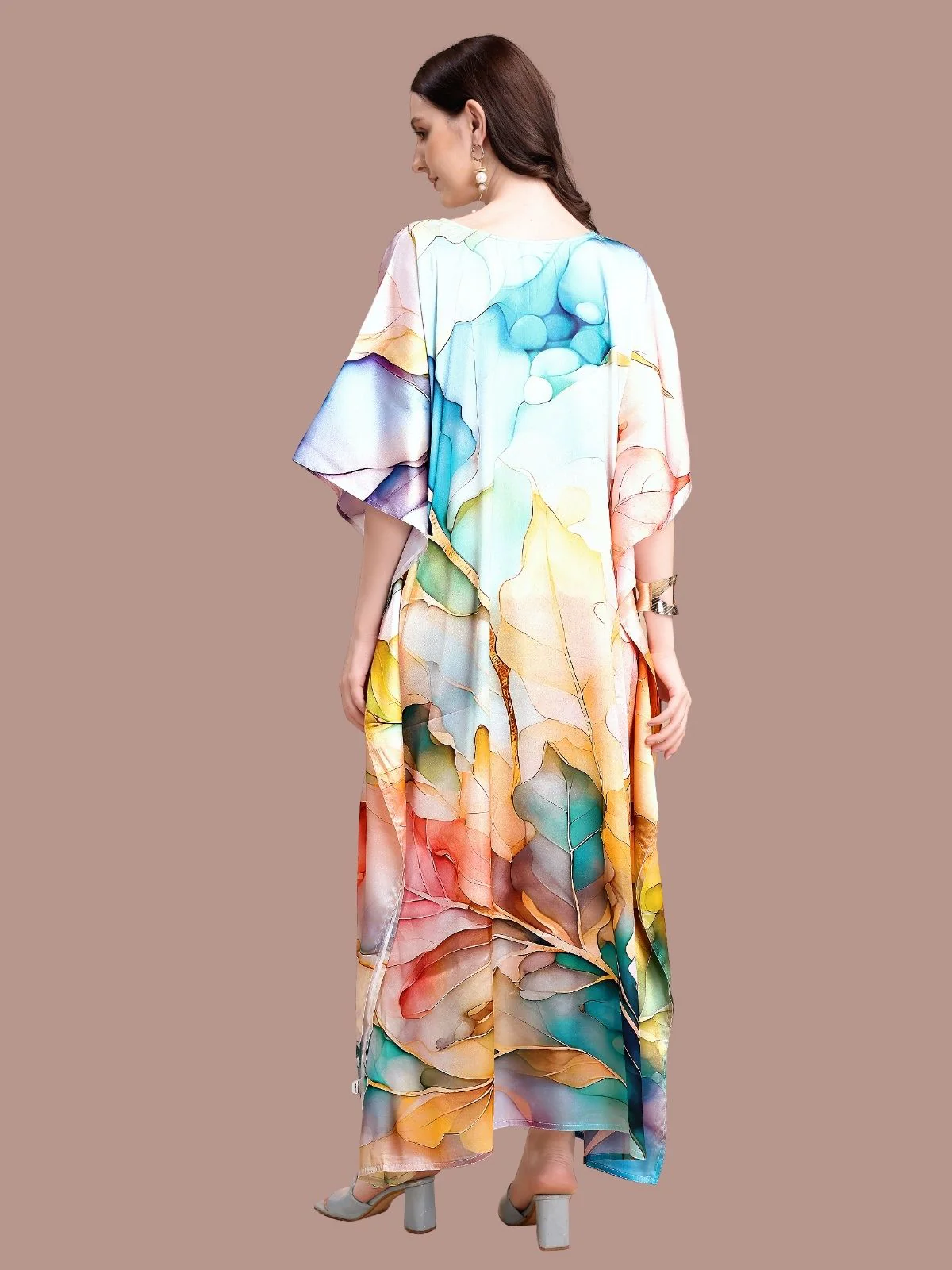Odette Multicolor Satin Printed Kaftan For Women - Image 3