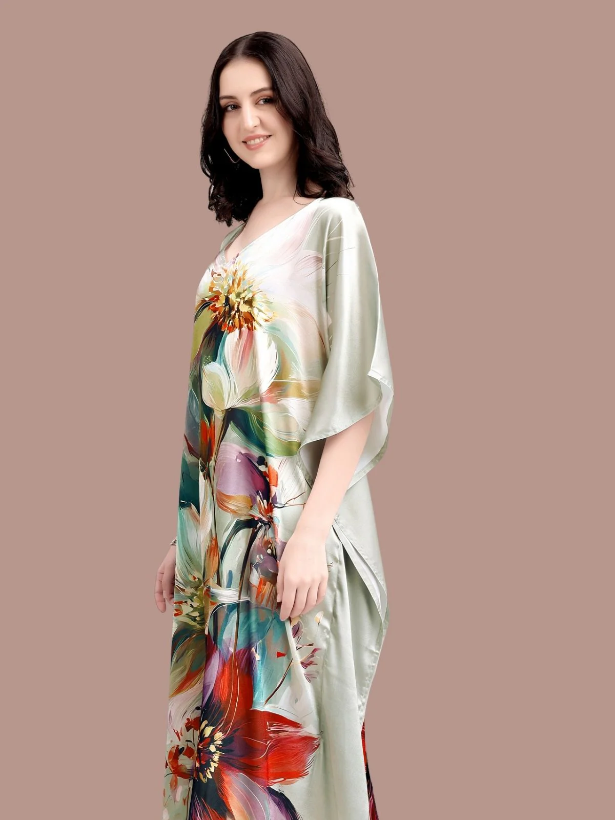 Odette Multicolor Satin Printed Kaftan For Women - Image 4