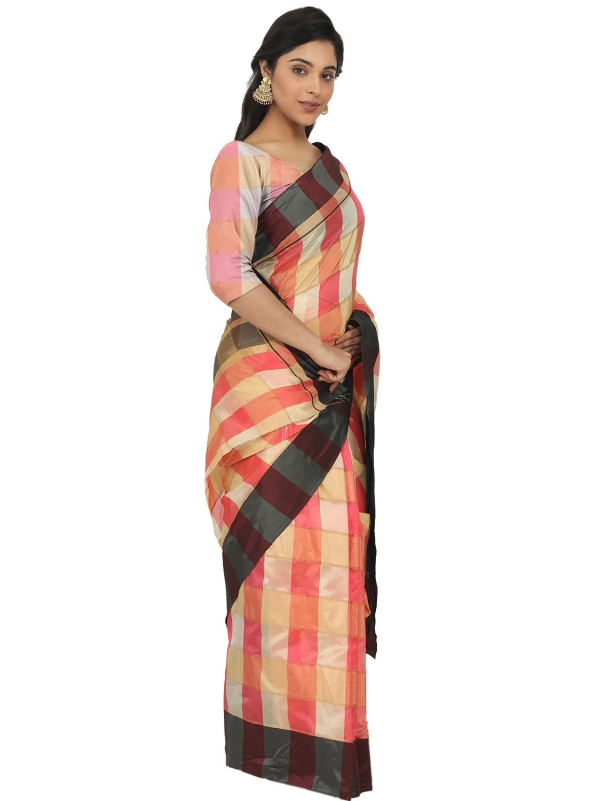 Odette Multicolour Silk Blend Checked Saree For Women - Image 2