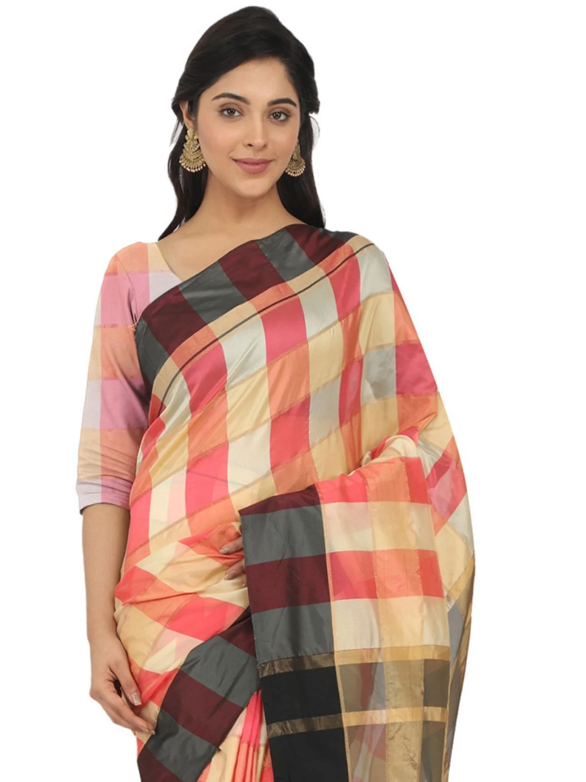 Odette Multicolour Silk Blend Checked Saree For Women - Image 5