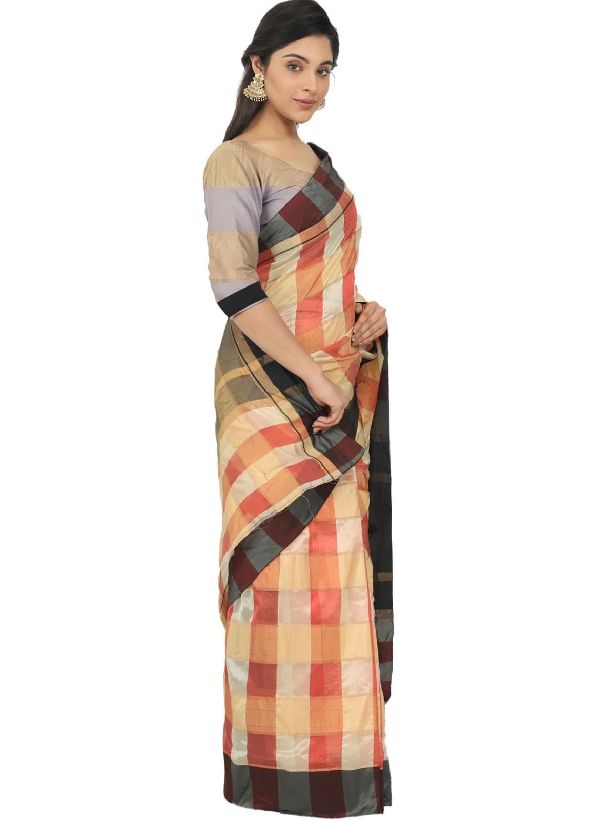 Odette Multicolour Silk Blend Checked Saree For Women - Image 2