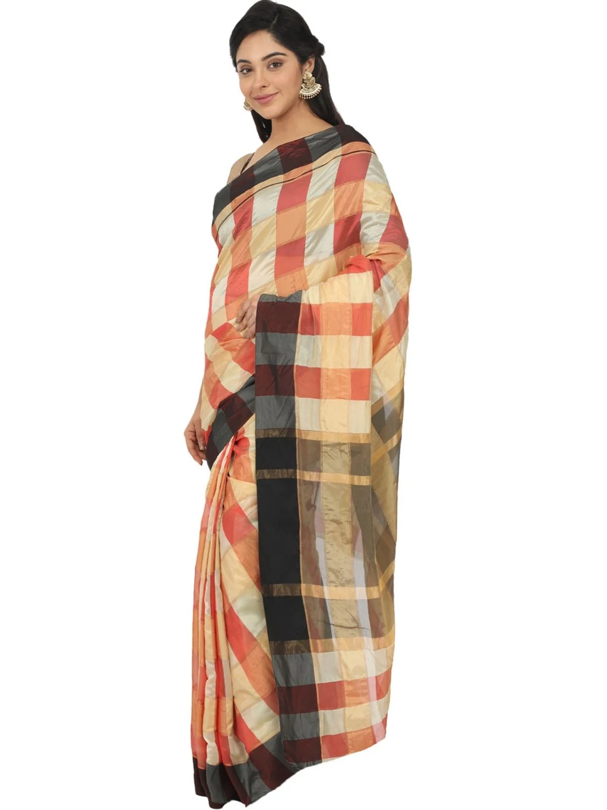 Odette Multicolour Silk Blend Checked Saree For Women - Image 3