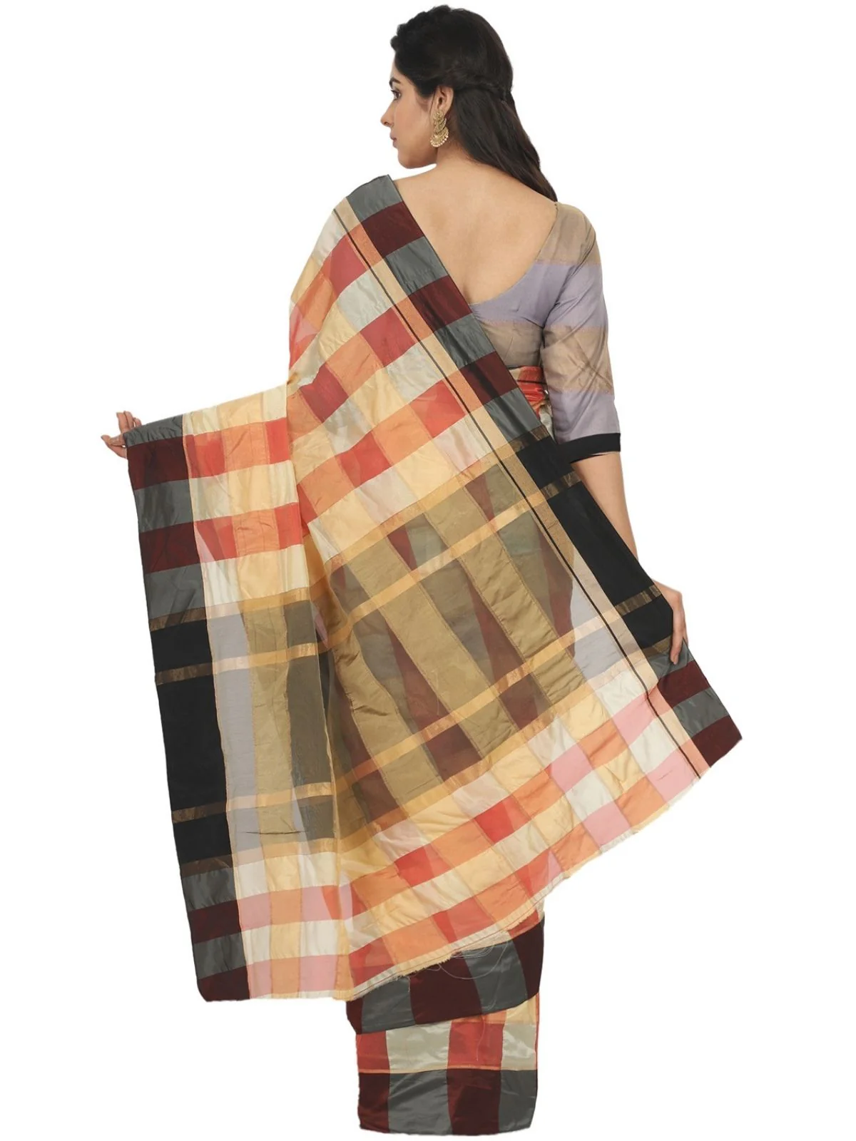 Odette Multicolour Silk Blend Checked Saree For Women - Image 4