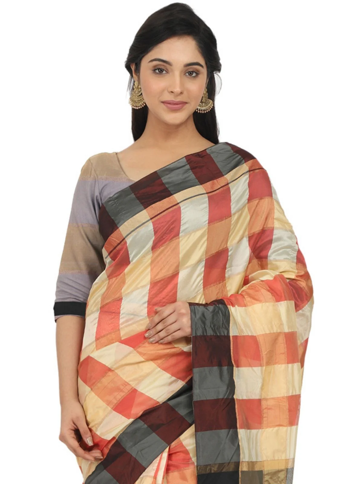 Odette Multicolour Silk Blend Checked Saree For Women - Image 5