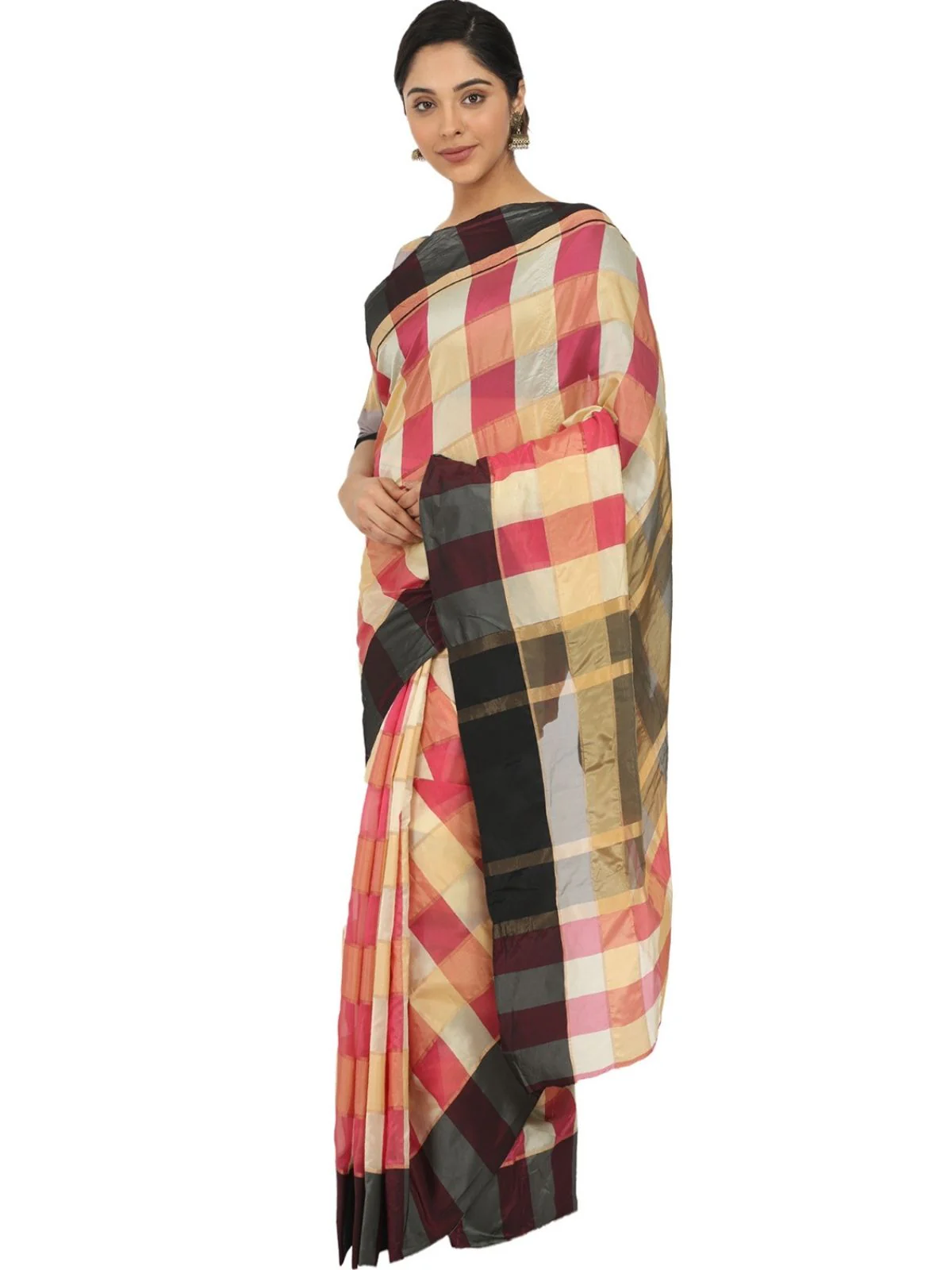 Odette Multicolour Silk Blend Checked Saree For Women - Image 2