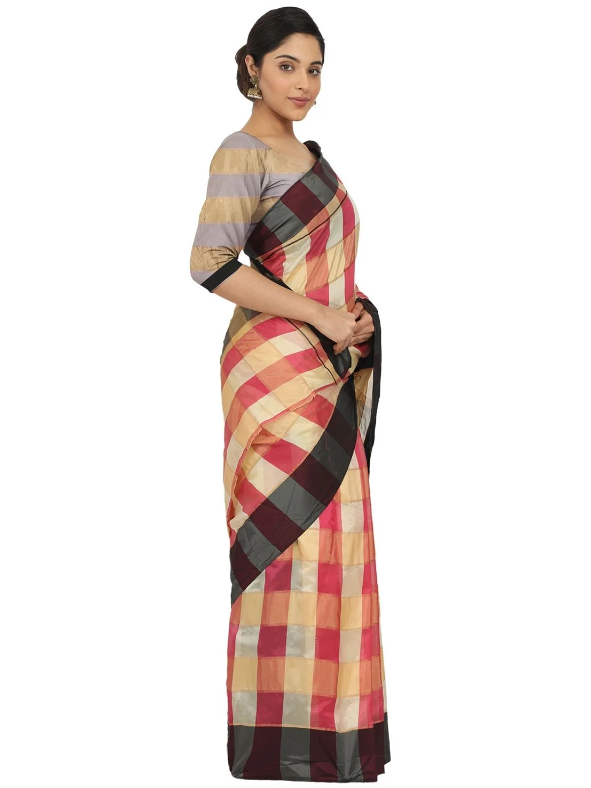 Odette Multicolour Silk Blend Checked Saree For Women - Image 3