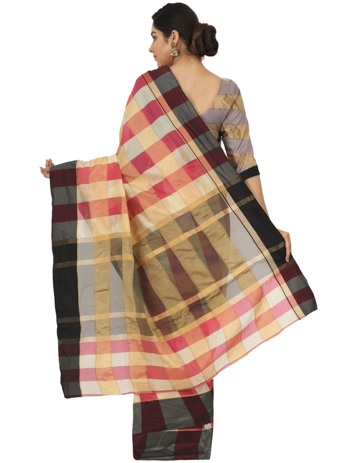 Odette Multicolour Silk Blend Checked Saree For Women - Image 4