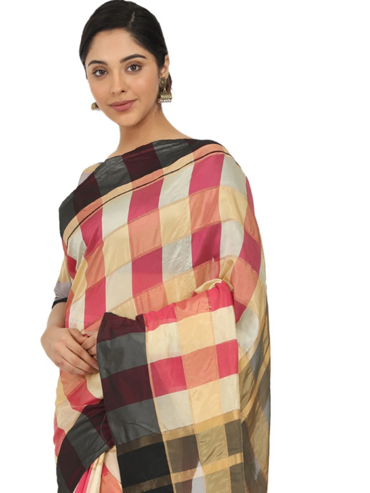Odette Multicolour Silk Blend Checked Saree For Women - Image 5