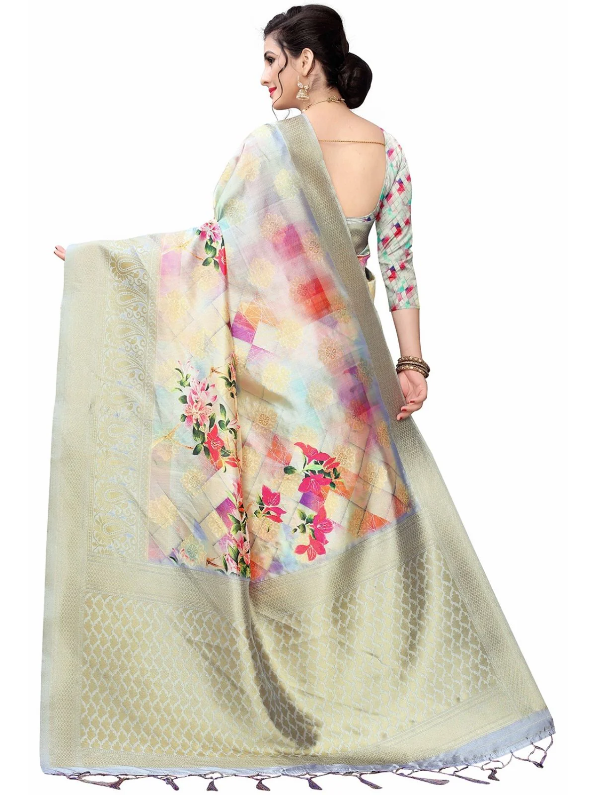 Odette Multicolour Silk Blend Floral Printed Saree For Women - Image 3