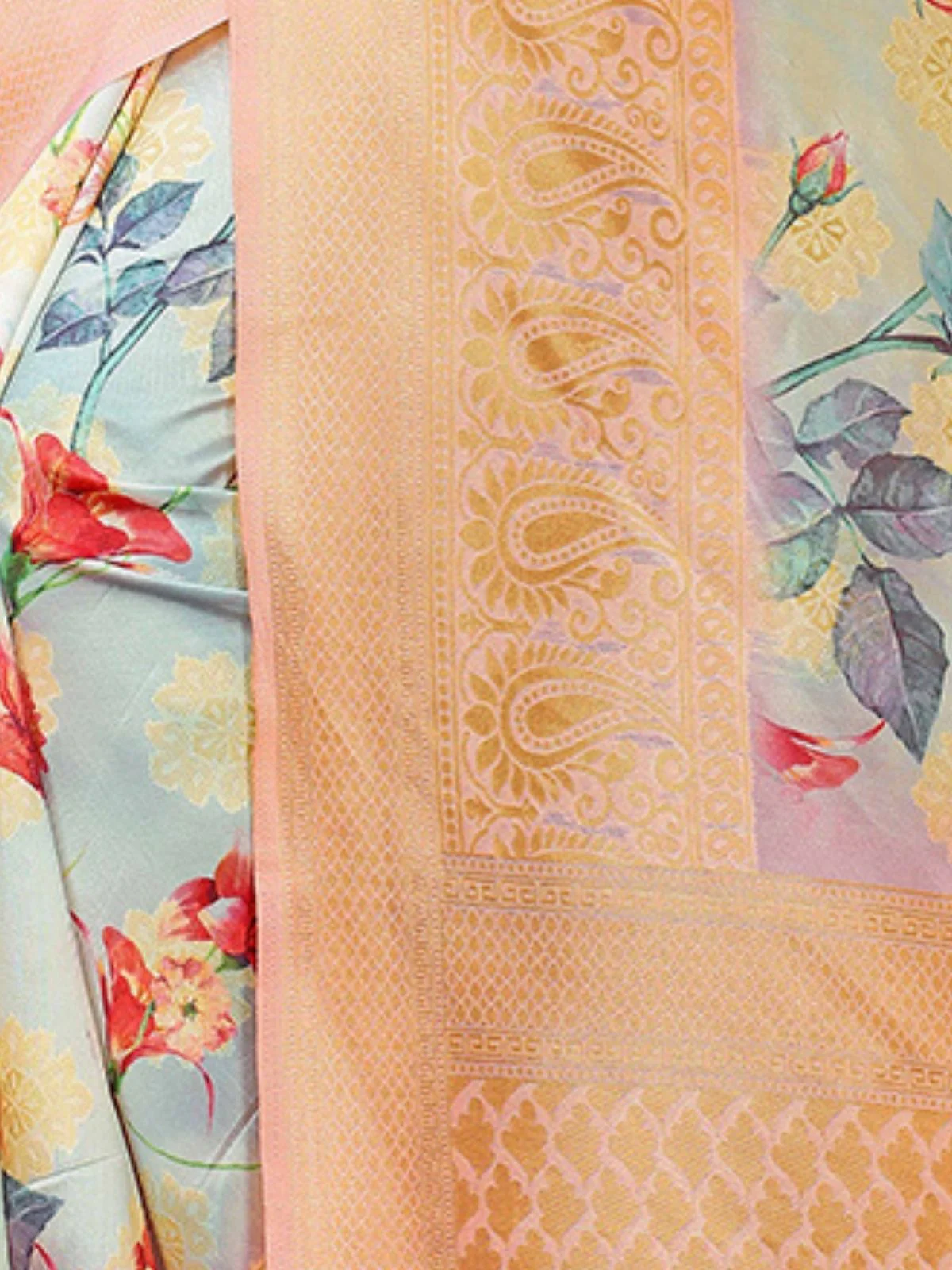 Odette Multicolour Silk Blend Floral Printed Saree For Women - Image 5