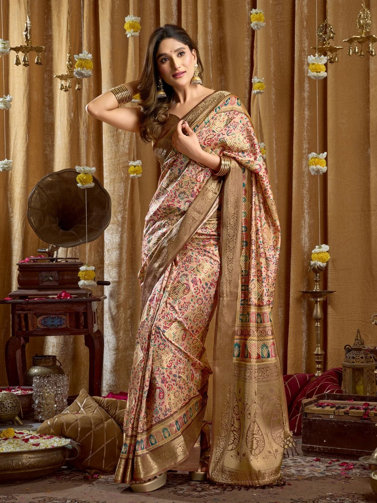 Odette Multicolour Silk Blend Printed Banarasi Saree For Women - Image 3