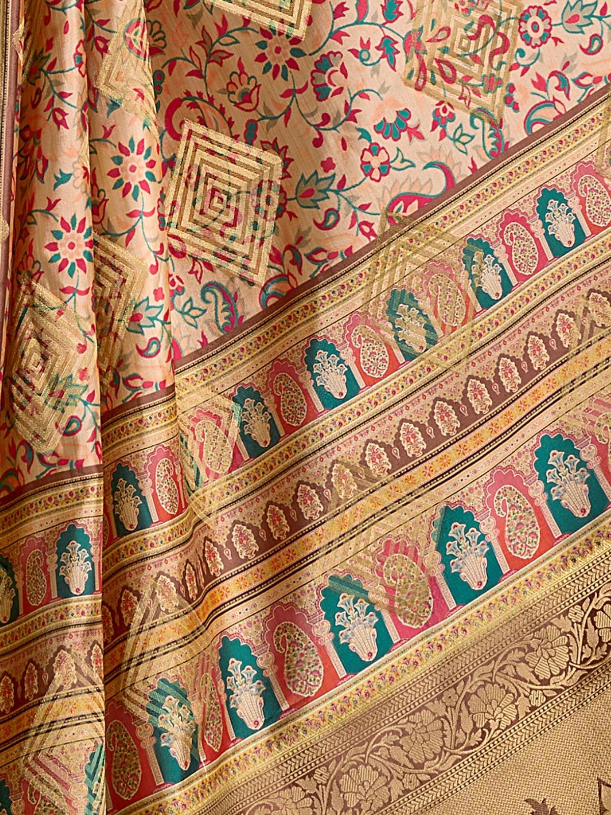 Odette Multicolour Silk Blend Printed Banarasi Saree For Women - Image 6