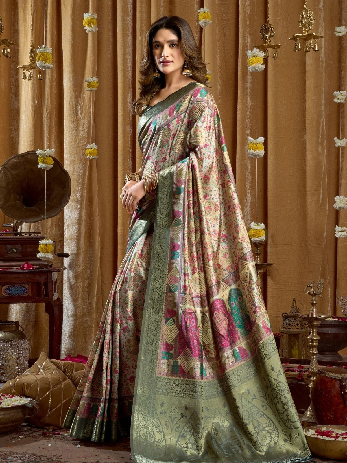 Odette Multicolour Silk Blend Printed Banarasi Saree For Women - Image 2