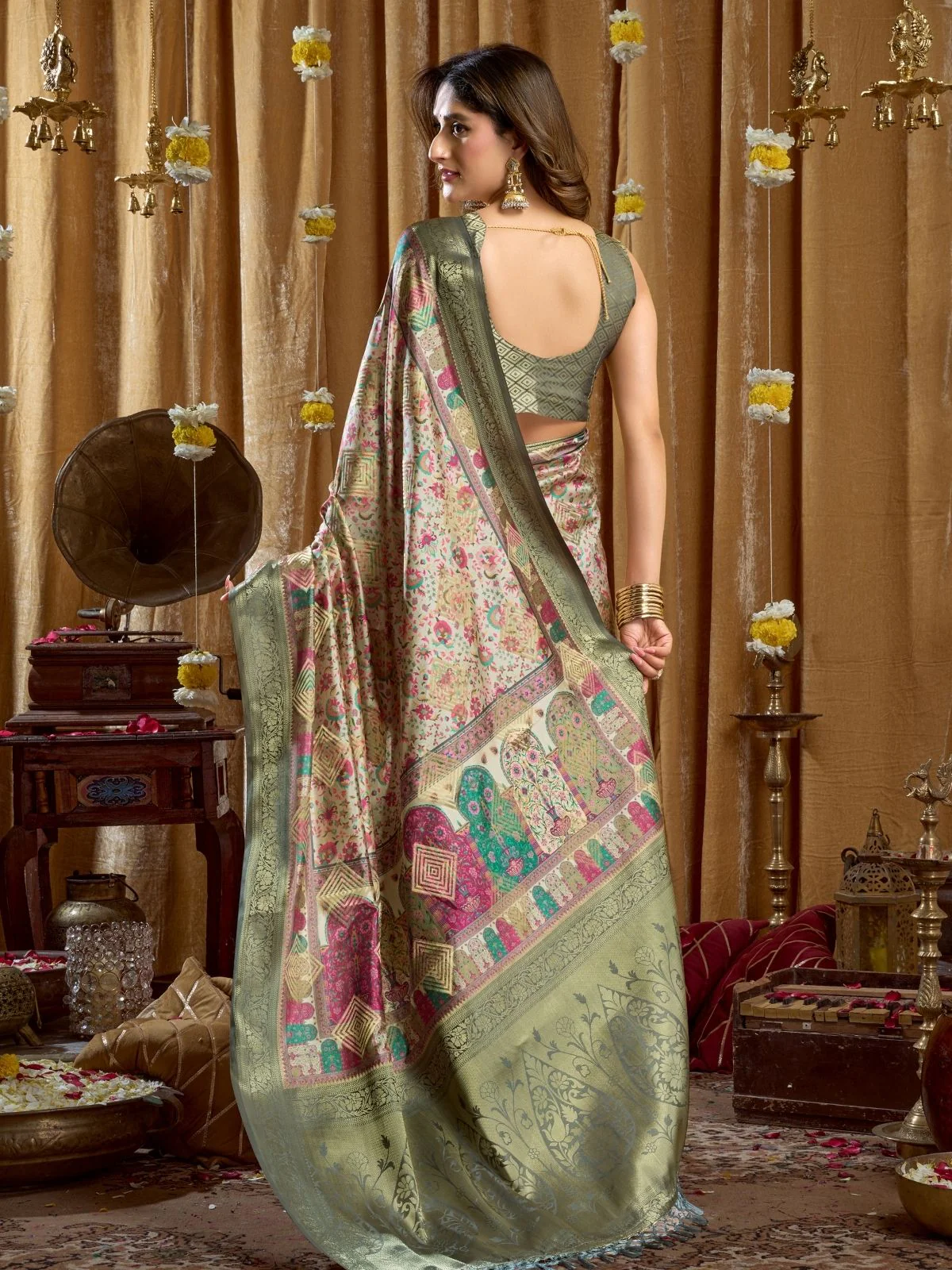 Odette Multicolour Silk Blend Printed Banarasi Saree For Women - Image 4