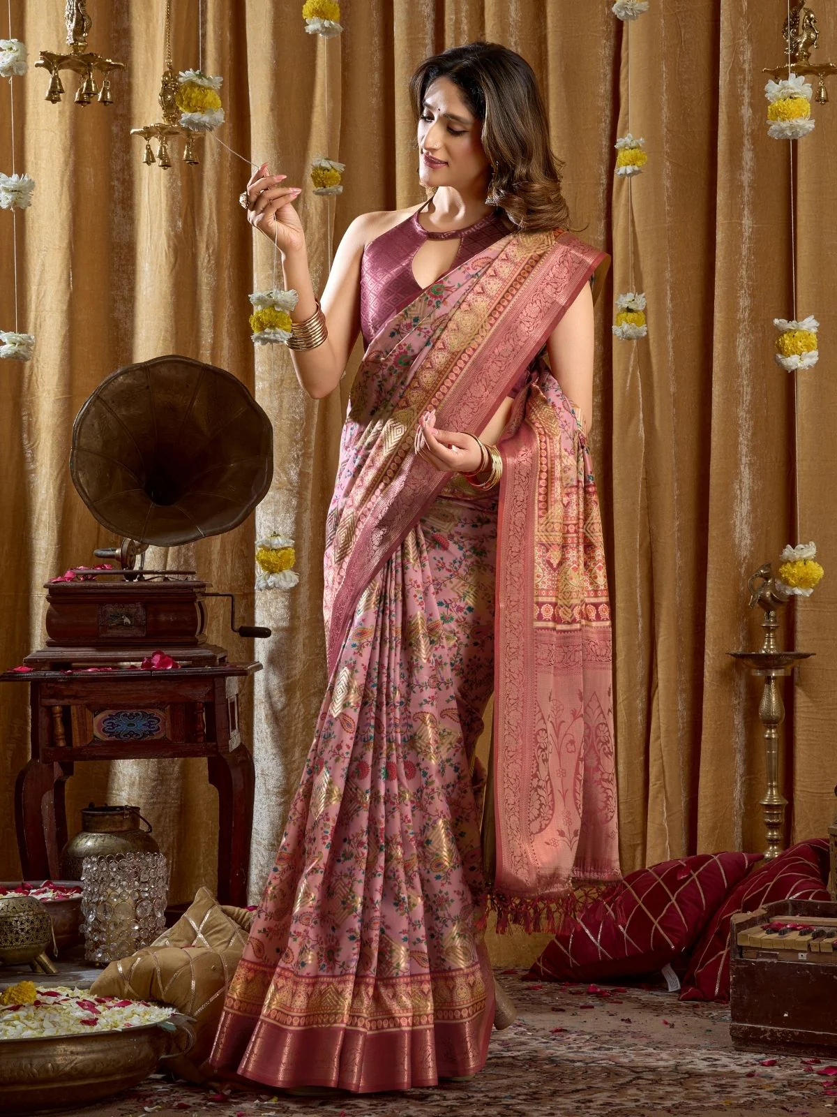 Odette Multicolour Silk Blend Printed Banarasi Saree For Women - Image 3
